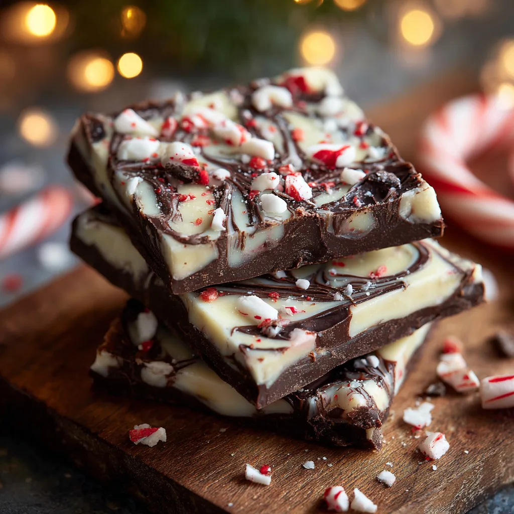 Swirled protein peppermint bark with dark chocolate drizzle and crushed peppermint candies, festive background