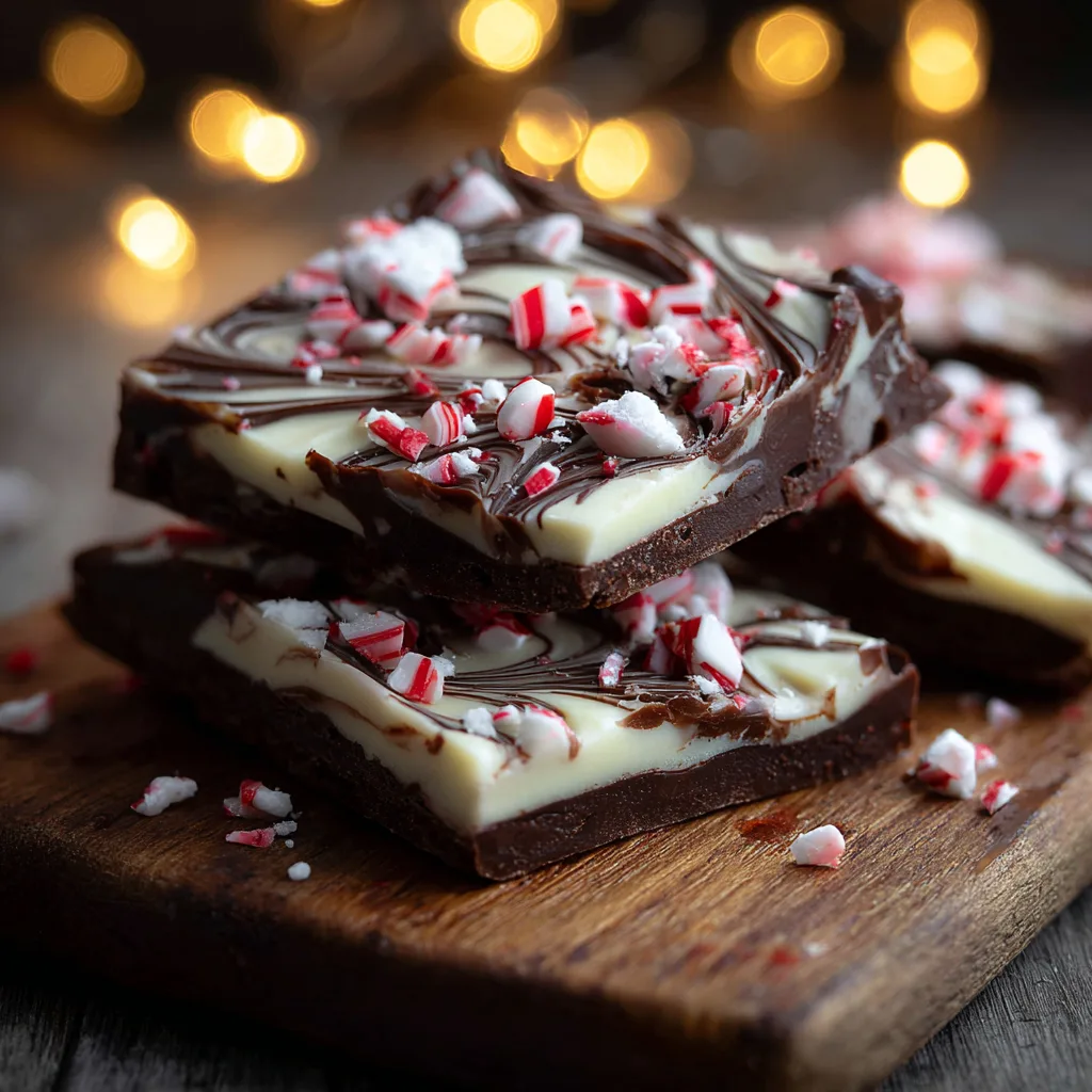 Swirled protein peppermint bark with dark chocolate drizzle and crushed peppermint candies, festive background.