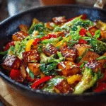 Protein veggie stir-fry with tofu and colorful vegetables in a skillet topped with sesame seeds.