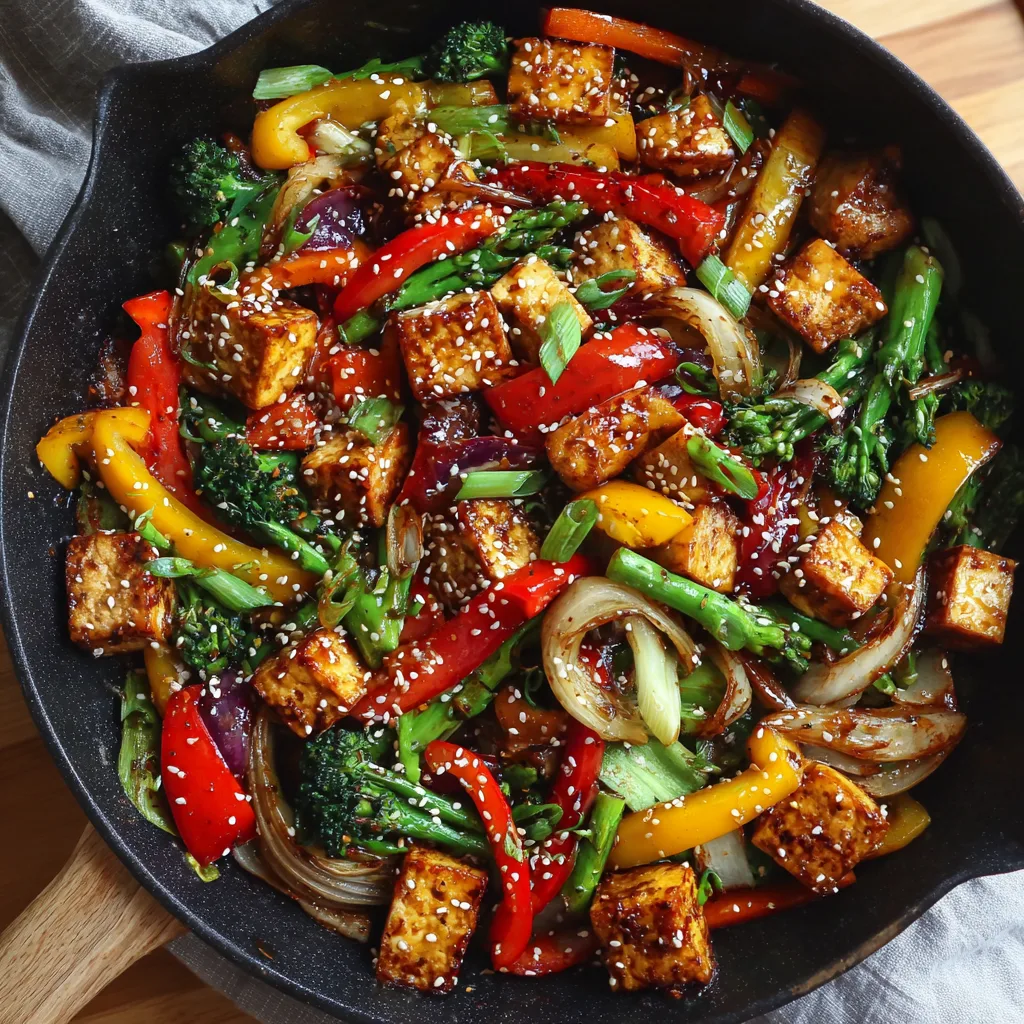 Protein Veggie Stir-Fry – Quick 15-Minute Family Dinner Protein veggie stir-fry with tofu and colorful vegetables in a skillet topped with sesame seeds.