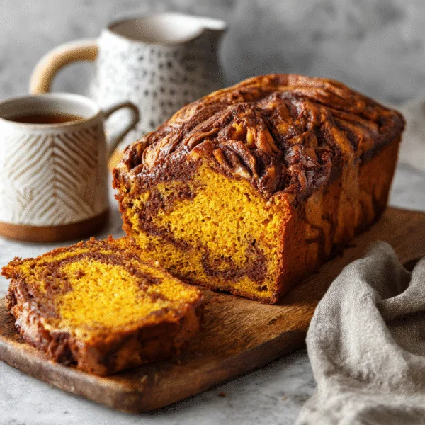 pumpkin bread with cinnamon swirl recipe: Pumpkin bread with a sweet cinnamon swirl sliced on a wooden board, warm fall lighting.