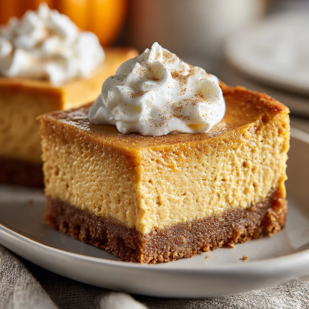 Pumpkin Cheesecake Bars 1 Creamy pumpkin cheesecake bars with graham cracker crust and spiced pumpkin filling, cut into squares on parchment paper.