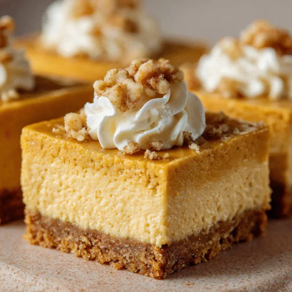 Creamy pumpkin cheesecake bars with graham cracker crust and spiced pumpkin filling, cut into squares on parchment paper.