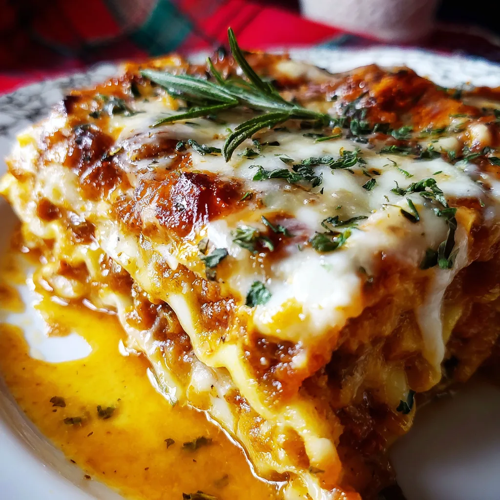 Pumpkin Lasagna F Pumpkin lasagna with creamy pumpkin filling, spinach, and cheese, served hot on a white plate under warm natural light.