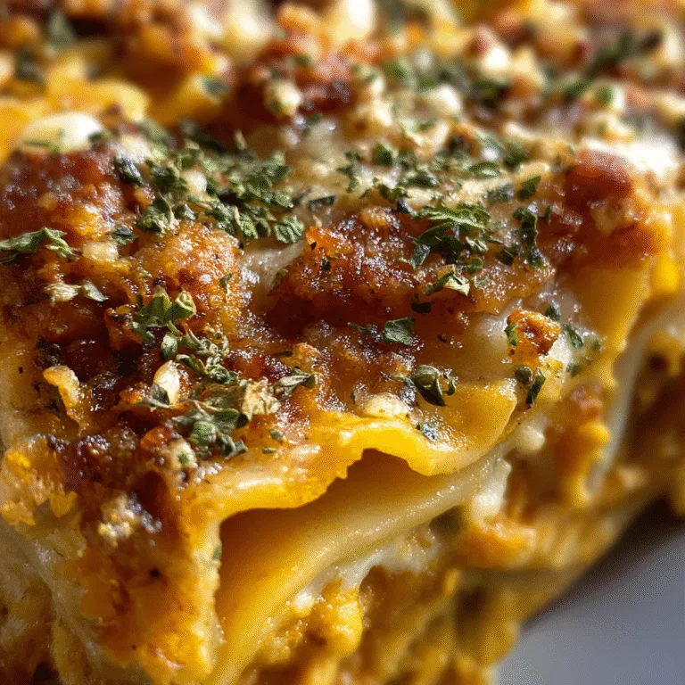 Pumpkin lasagna with creamy pumpkin filling, spinach, and cheese, served hot on a white plate under warm natural light.