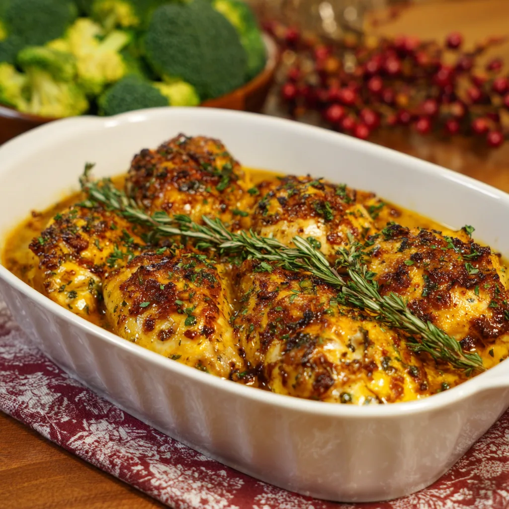 Juicy baked chicken in creamy pumpkin sauce topped with herbs in a white baking dish.