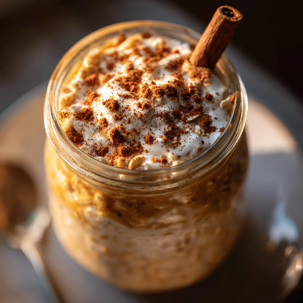 Pumpkin spice latte overnight oats in a jar with cinnamon on top, cozy morning light.