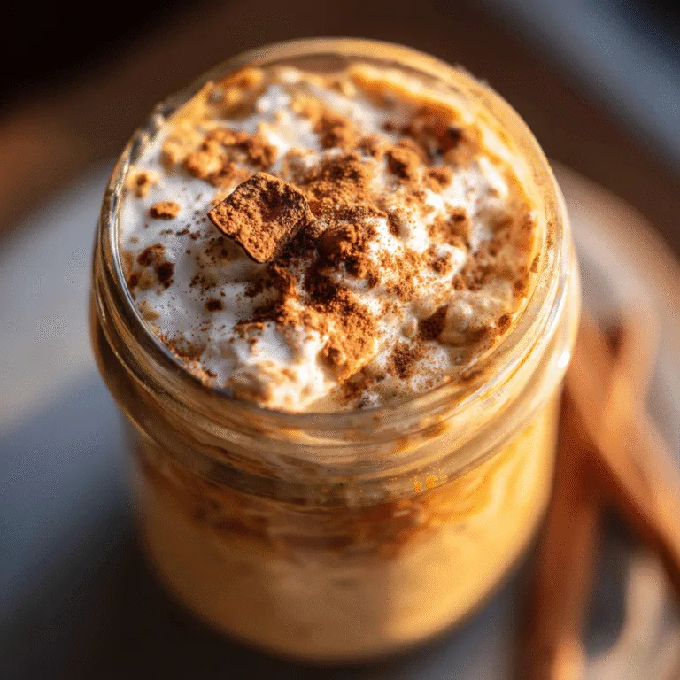 Pumpkin spice latte overnight oats in a jar with cinnamon on top, cozy morning light.