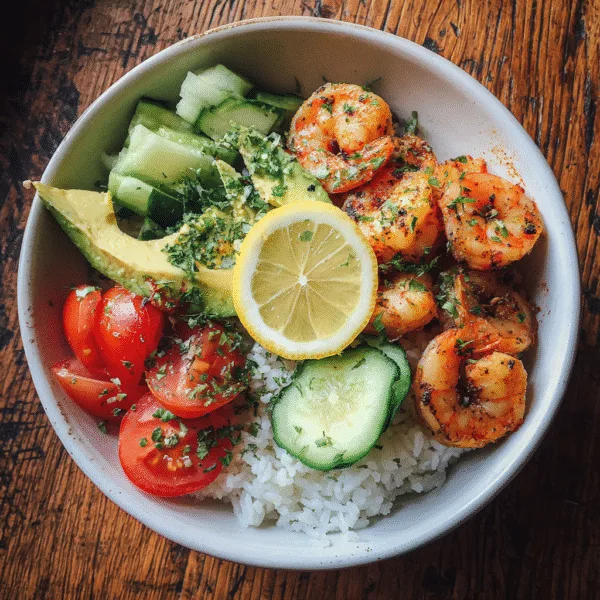 Shrimp Avocado Power Bowls with rice, tomatoes, and cucumber, styled in bright natural light.