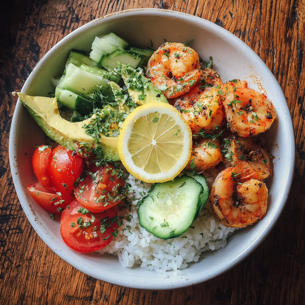 Shrimp Avocado Power Bowls with rice, tomatoes, and cucumber, styled in bright natural light.