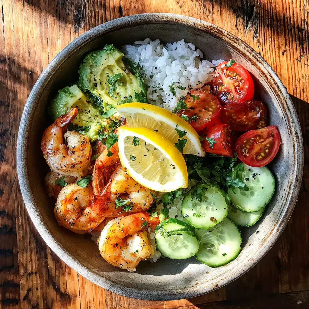 Shrimp Avocado Power Bowls Shrimp and avocado bowl with rice, tomatoes, and cucumber, styled in bright natural light.
