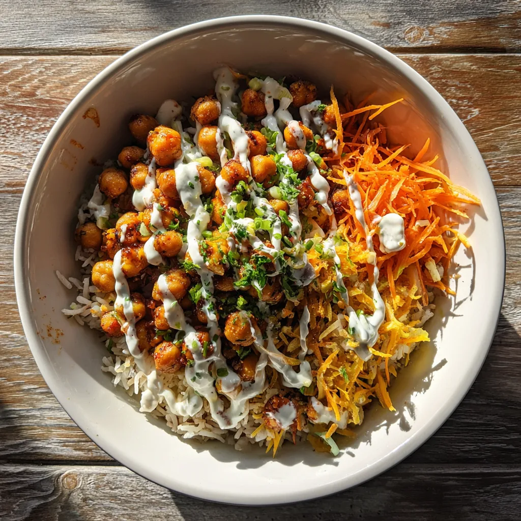 Colorful bowl with roasted spicy chickpeas, rice, carrots, and yogurt sauce, bright daylight.