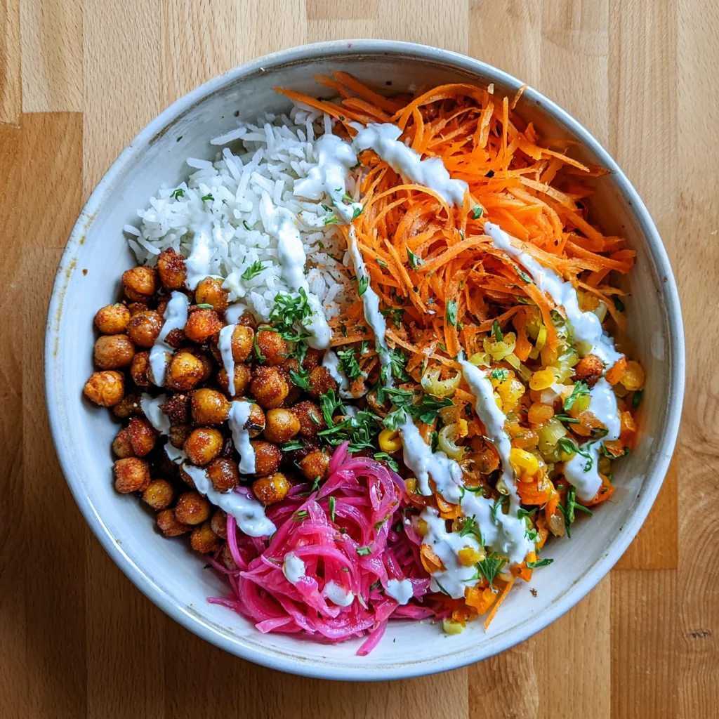 Spicy Chickpea Protein Bowls : Colorful bowl with roasted spicy chickpeas, rice, carrots, and yogurt sauce, bright daylight.