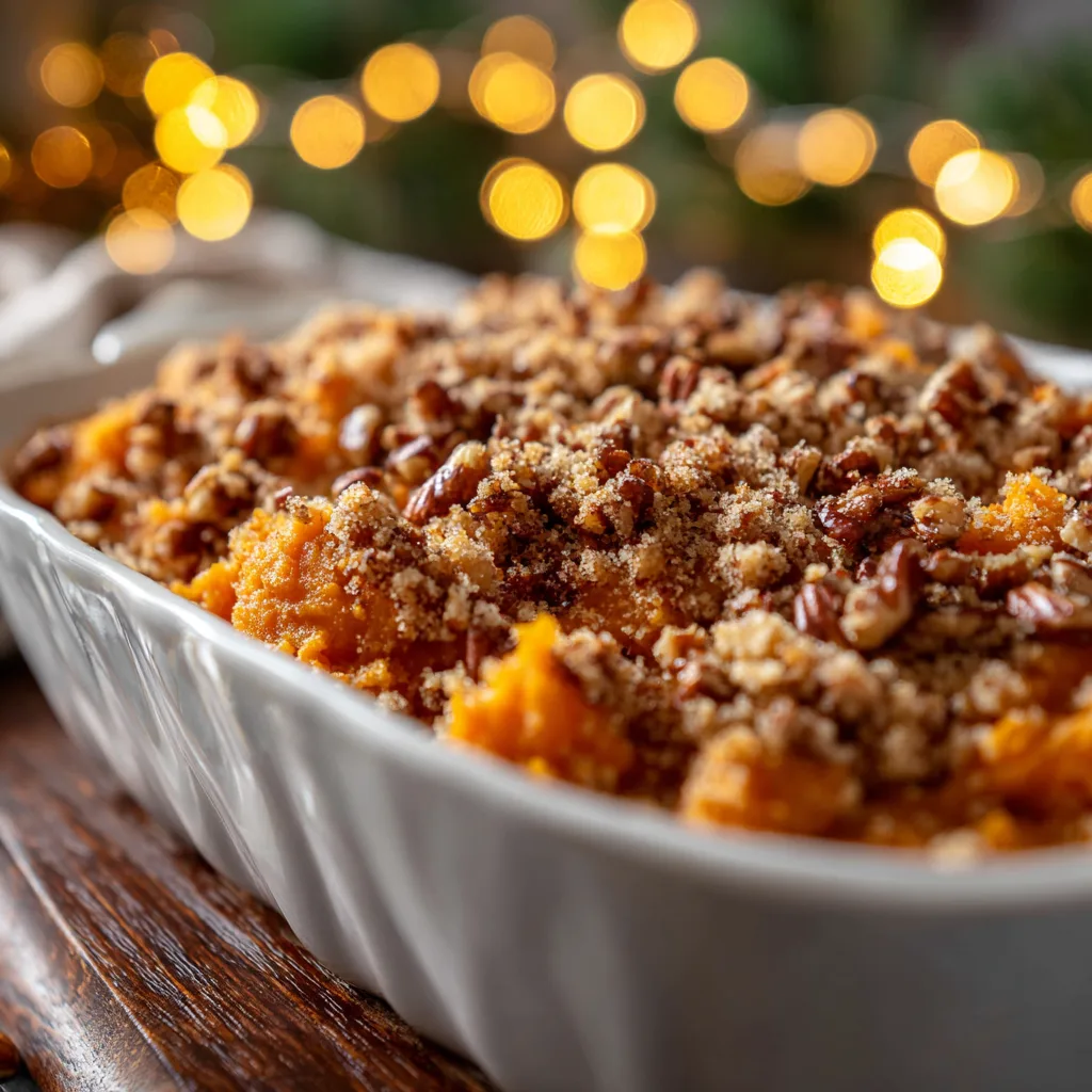 Sweet Potato Casserole with Pecan Topping Sweet Potato Casserole with Pecan Topping: Sweet potato casserole topped with golden pecans and brown sugar crumble, warm holiday lighting.