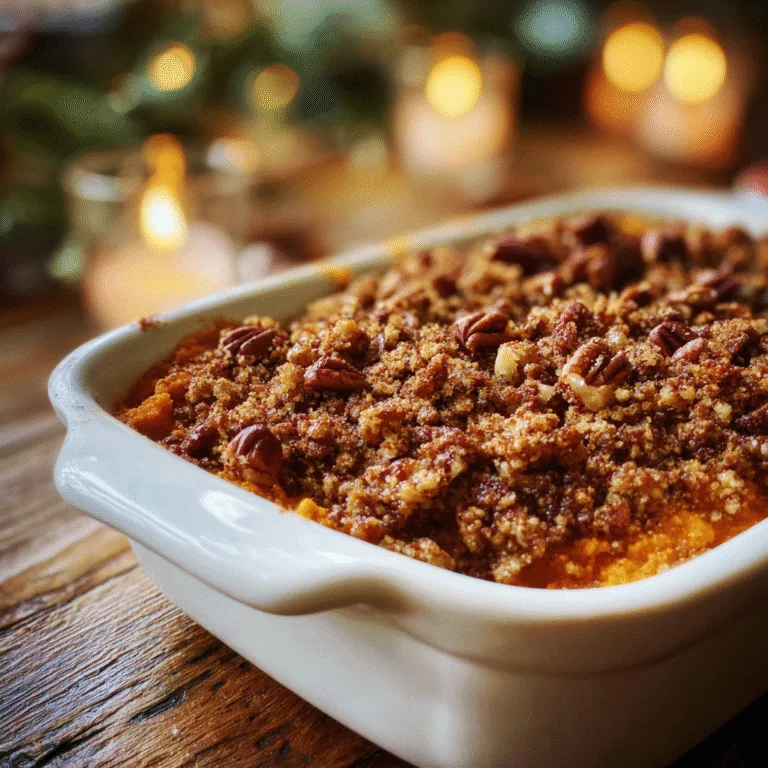 Sweet Potato Casserole with Pecan Topping: Sweet potato casserole topped with golden pecans and brown sugar crumble, warm holiday lighting.