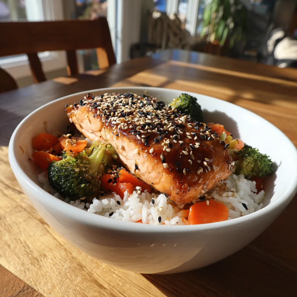 Teriyaki Salmon Rice Bowls – Family Meal Prep F Teriyaki salmon rice bowl with broccoli, carrots, and sesame seeds in a white bowl, bright natural light.