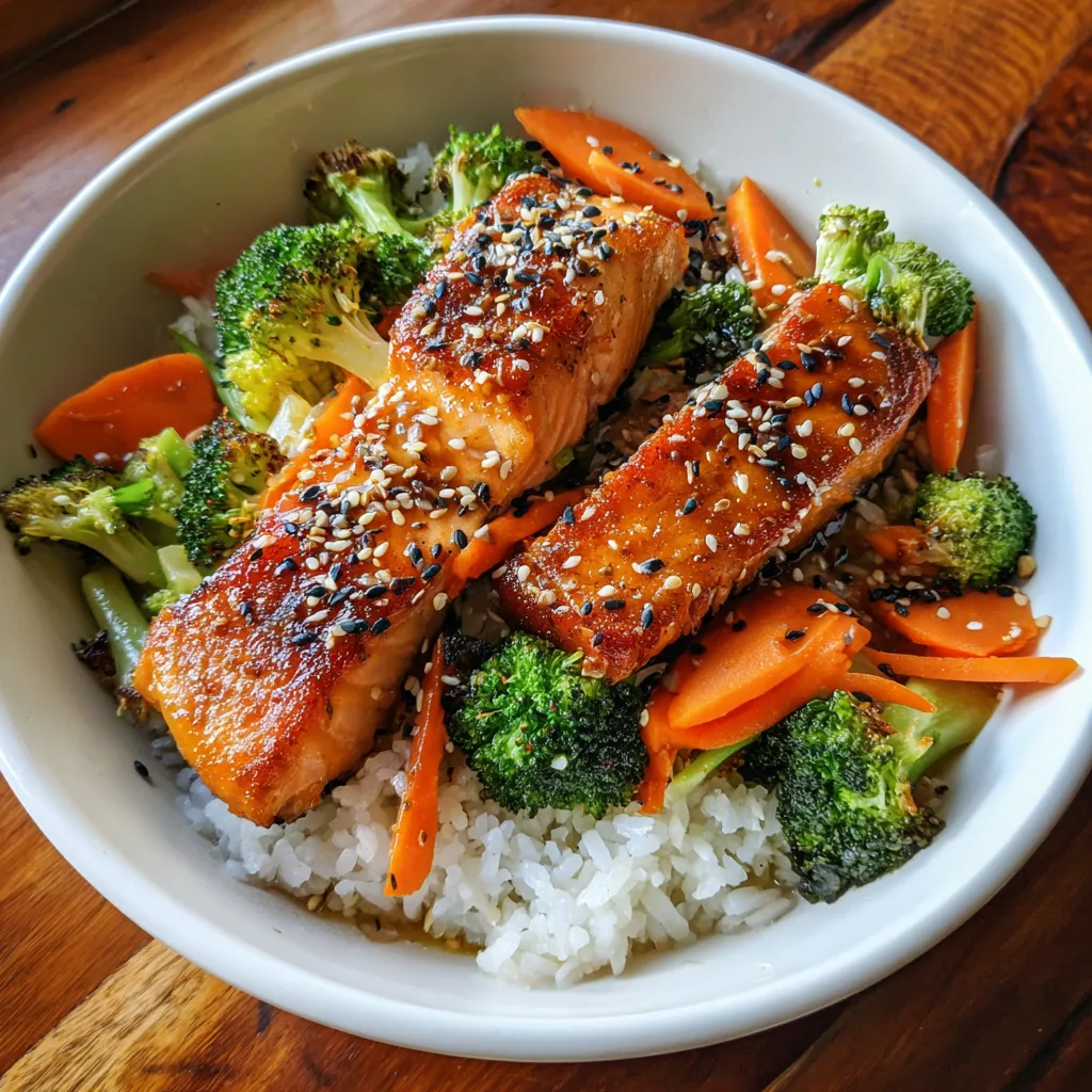 Teriyaki salmon rice bowl with broccoli, carrots, and sesame seeds in a white bowl, bright natural light.