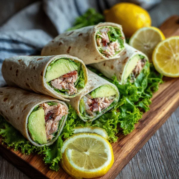 Fresh tuna avocado wraps on a wooden board with lemon wedges and lettuce leaves, bright natural light.
