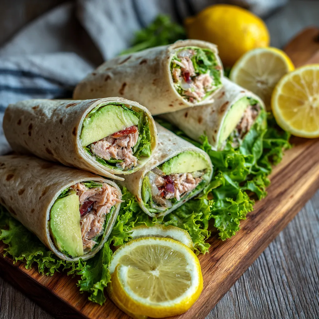Fresh tuna avocado wraps on a wooden board with lemon wedges and lettuce leaves, bright natural light.