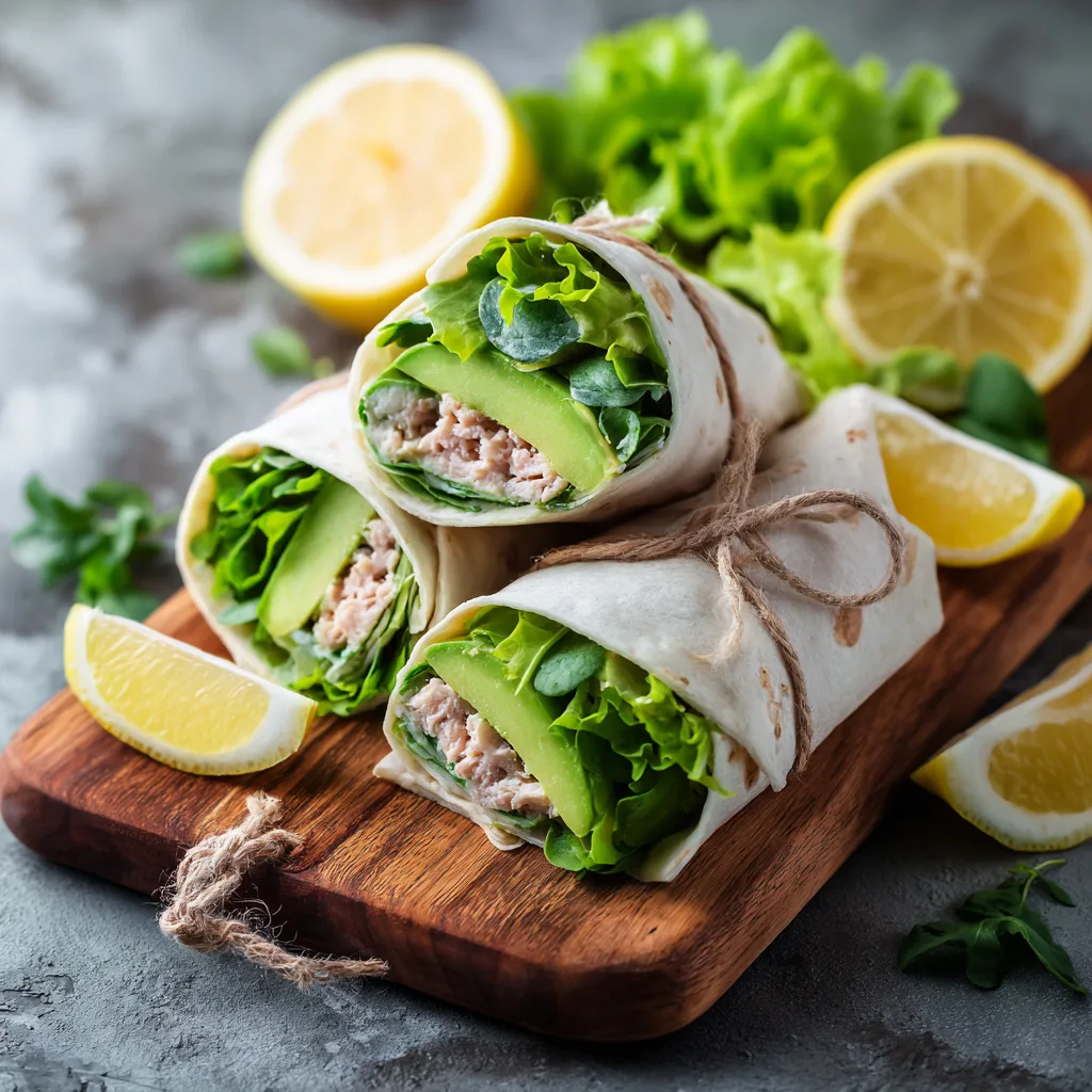 Tuna Avocado Wraps Fresh tuna avocado wraps on a wooden board with lemon wedges and lettuce leaves, bright natural light.