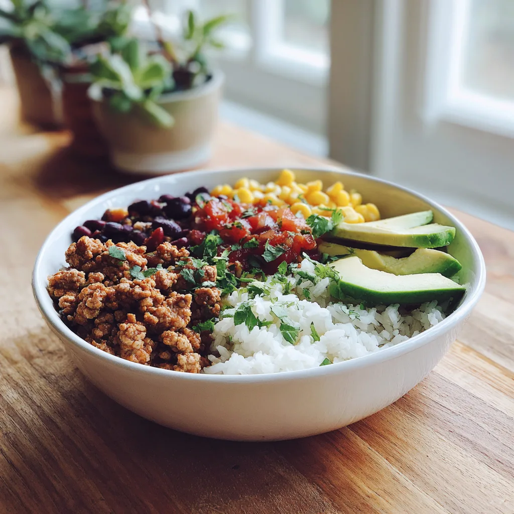 Turkey Taco Meal Prep Bowls f Colorful turkey taco meal prep bowl with rice, corn, beans, and avocado slices, bright natural light.