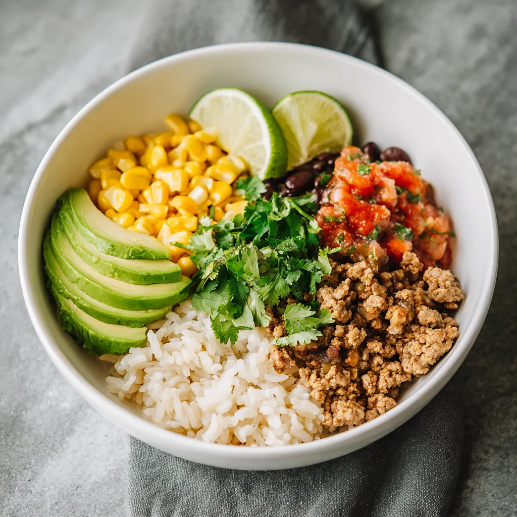 Turkey Taco Meal Prep Bowls ff Colorful turkey taco meal prep bowl with rice, corn, beans, and avocado slices, bright natural light.