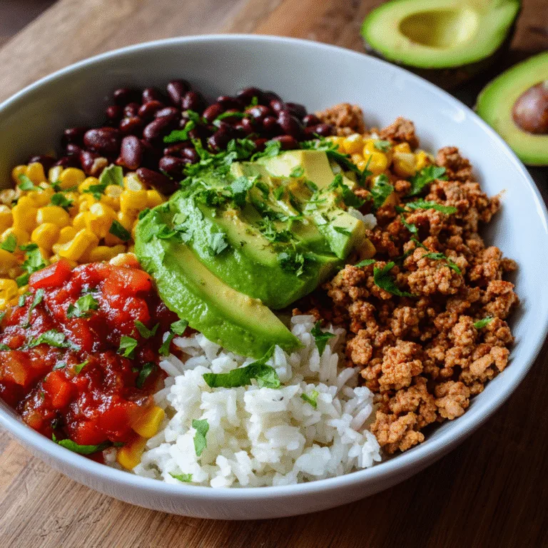 Turkey Taco Meal Prep Bowls| Easy High-Protein Lunch or Dinner: Colorful turkey taco meal prep bowl with rice, corn, beans, and avocado slices, bright natural light.