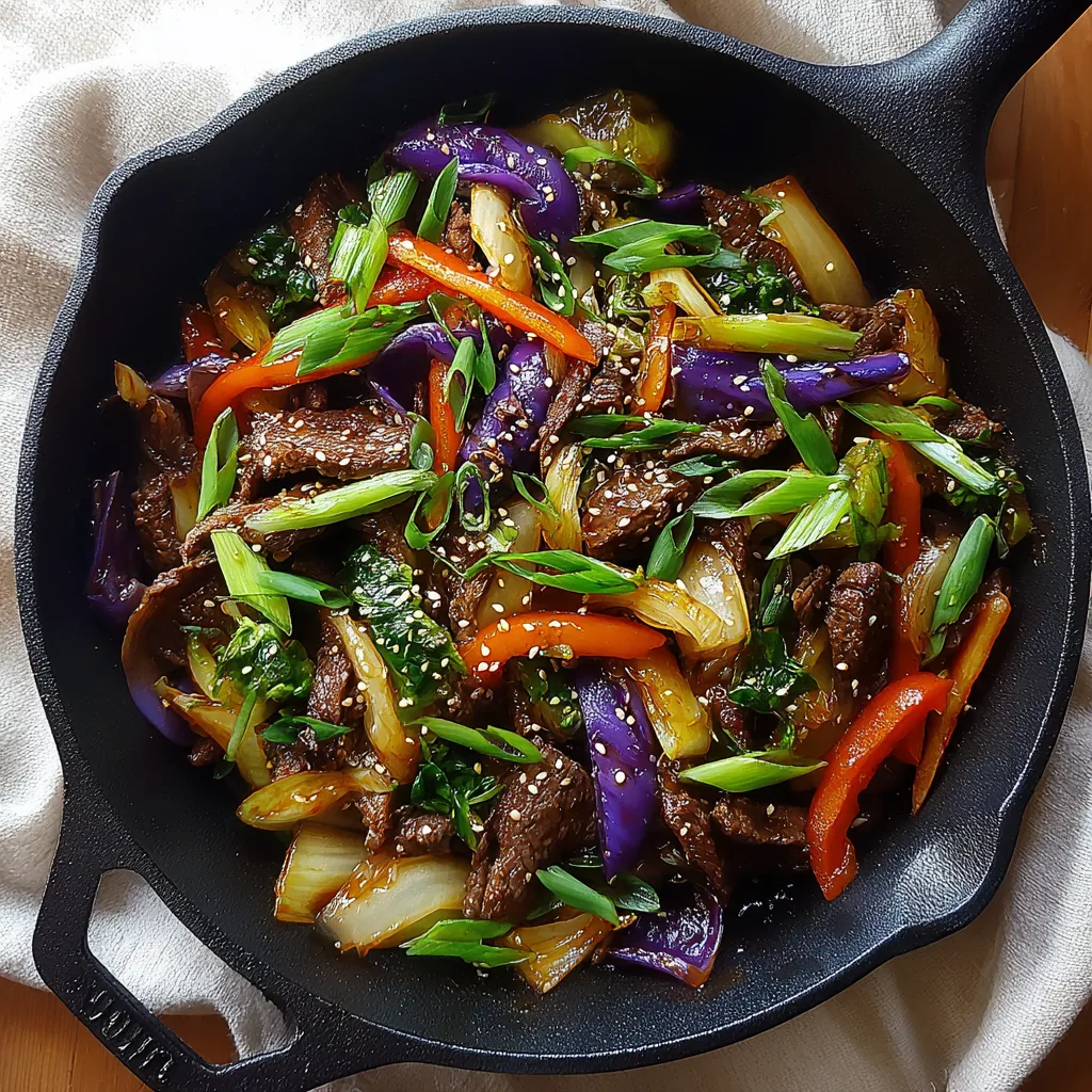 Colorful Beef and Veggie Stir-Fry Bowls in a skillet, topped with sesame seeds and green onions.