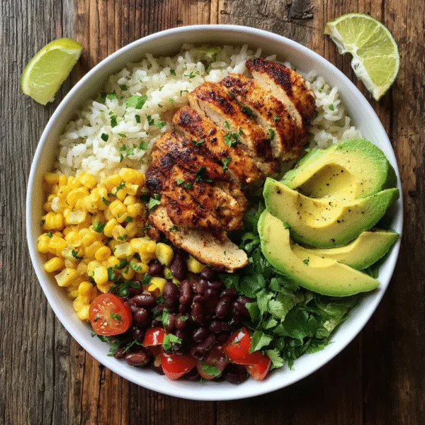 Chicken burrito protein bowl with rice, black beans, corn, avocado, and grilled chicken in a white bowl, bright daylight.