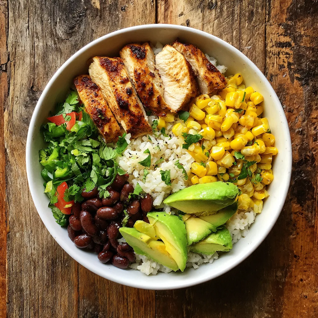 chicken burrito bowl with rice Chicken burrito protein bowl with rice, black beans, corn, avocado, and grilled chicken in a white bowl, bright daylight.