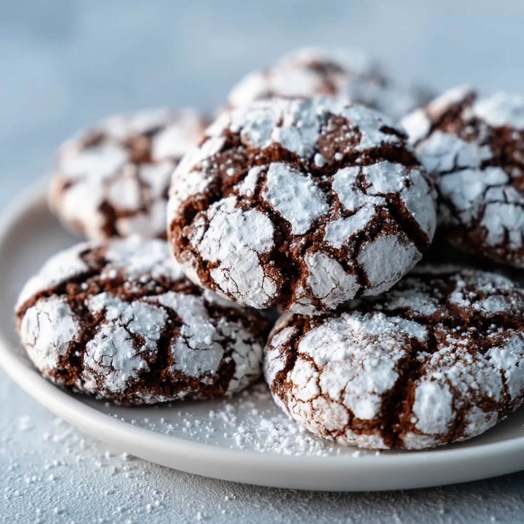 Peppermint Chocolate Crinkle Cookies coated in powdered sugar with peppermint crumbs on a tray.