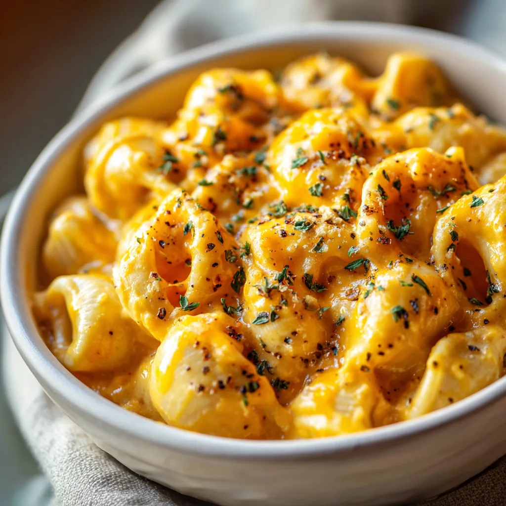 creamy pumpkin mac and cheese served in a white ceramic bowl F Creamy pumpkin mac and cheese served in a white ceramic bowl, topped with melted cheddar and breadcrumbs, shot in warm fall light.