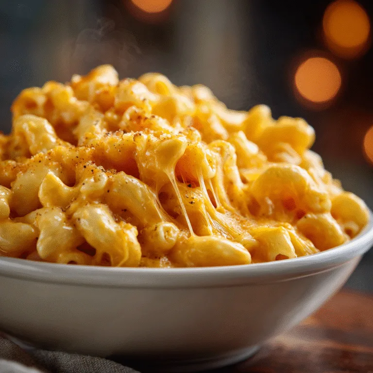 Creamy pumpkin mac and cheese served in a white ceramic bowl, topped with melted cheddar and breadcrumbs, shot in warm fall light.