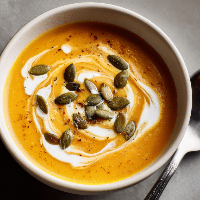 creamy pumpkin soup garnished with pumpkin seeds