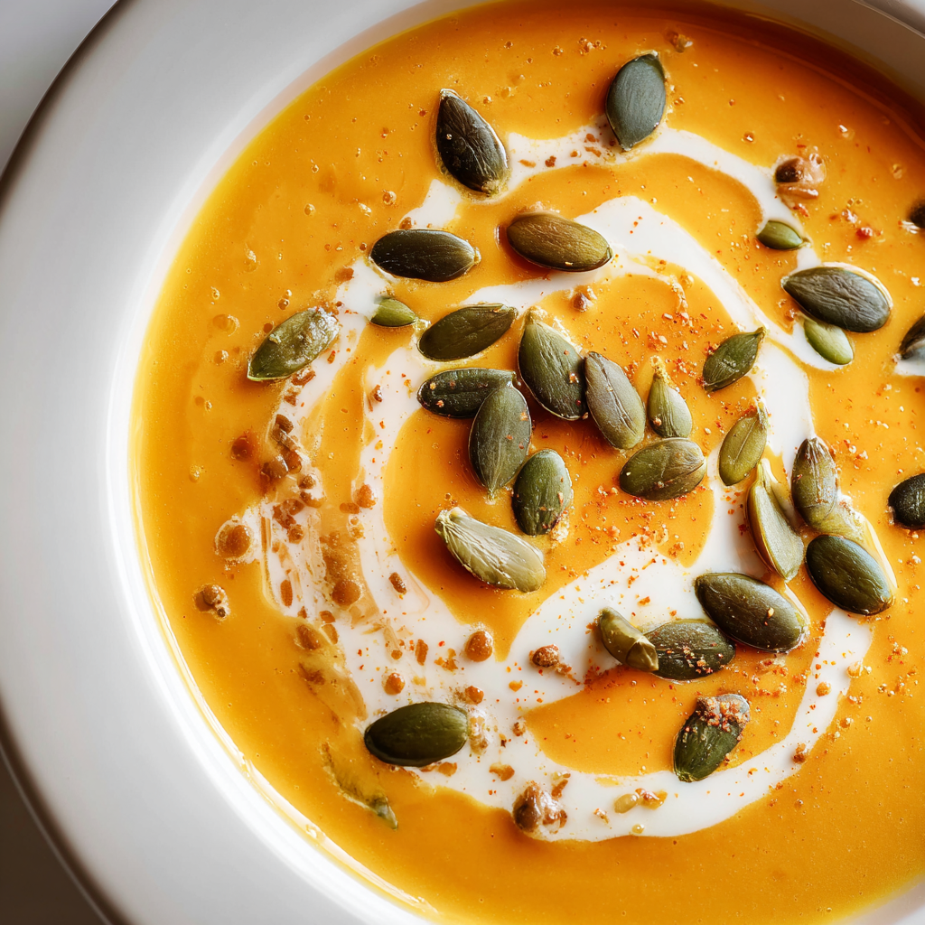 creamy pumpkin soup garnished with pumpkin seeds 3