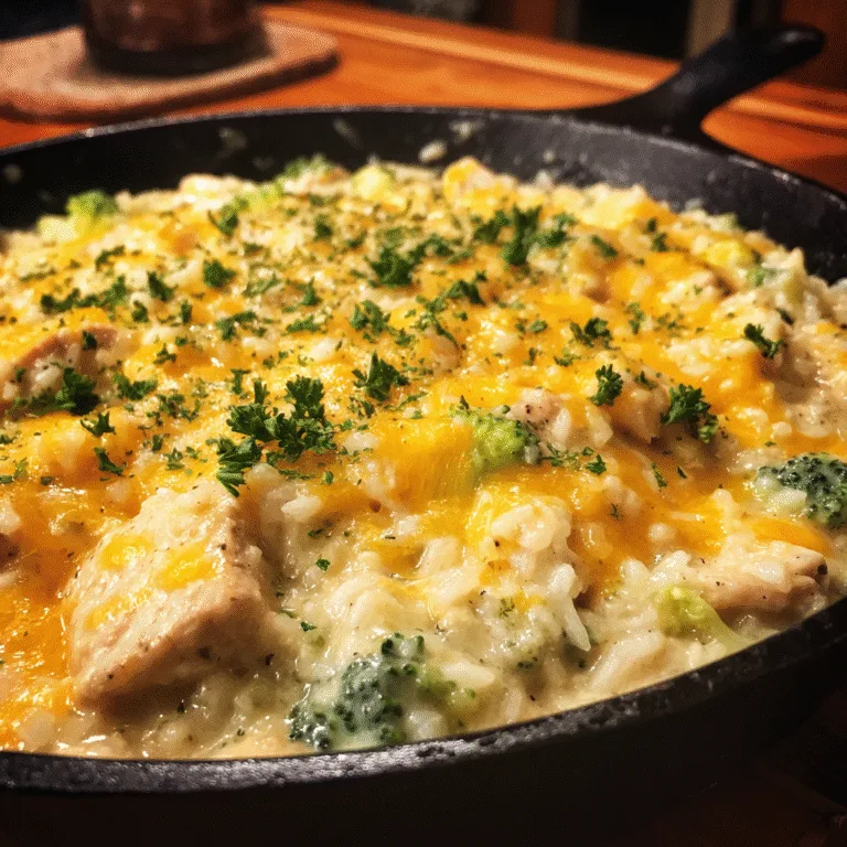 One-Pot Creamy Chicken and Broccoli Rice in a skillet topped with melted cheddar and parsley, cozy lighting.