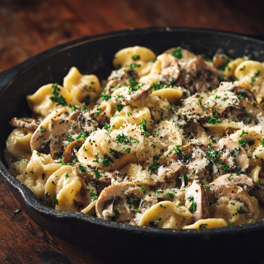 One-Pot Creamy Mushroom Pasta with parmesan and parsley in a skillet, warm golden lighting.