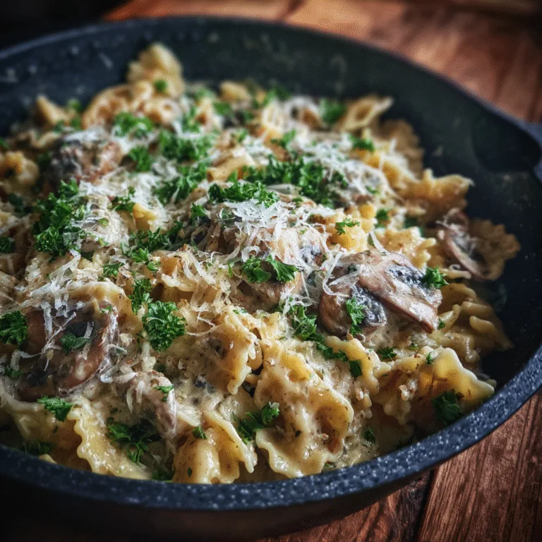 One-Pot Creamy Mushroom Pasta with parmesan and parsley in a skillet, warm golden lighting.