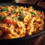 One-Pot Creamy Tomato Basil Pasta Creamy tomato basil pasta in a skillet with parmesan and fresh basil, cozy holiday lighting.