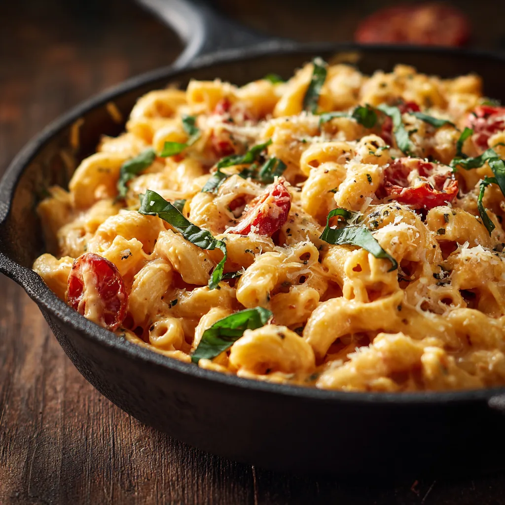 One-Pot Creamy Tomato Basil Pasta : Creamy tomato basil pasta in a skillet with parmesan and fresh basil, cozy holiday lighting.