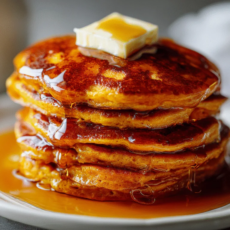 fluffy pumpkin pancakes topped with a pat of butter and drizzle of maple syrup on a white plate