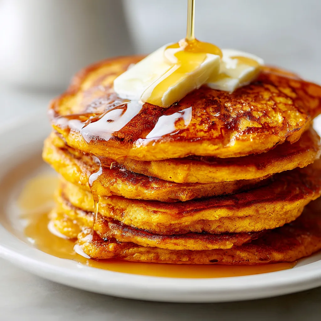 fluffy pumpkin pancakes topped with a pat of butter and drizzle of maple syrup on a white plate