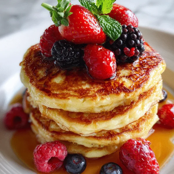 Stack of fluffy high-protein Greek yogurt pancakes topped with honey and berries on a white plate, cozy morning lighting.