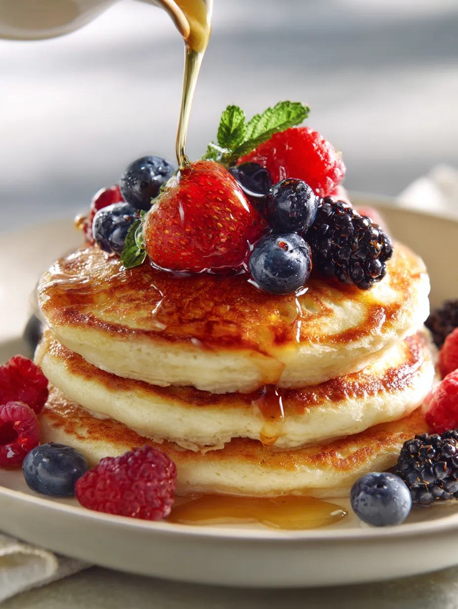 High Protein Greek Yogurt Pancakes – Fluffy & Healthy Breakfast Stack of fluffy high-protein Greek yogurt pancakes topped with honey and berries on a white plate, cozy morning lighting.
