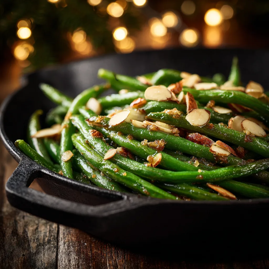 Garlic Butter Green Beans with Almonds – Easy Holiday Side Garlic butter green beans topped with toasted almonds in a skillet, warm holiday lighting.