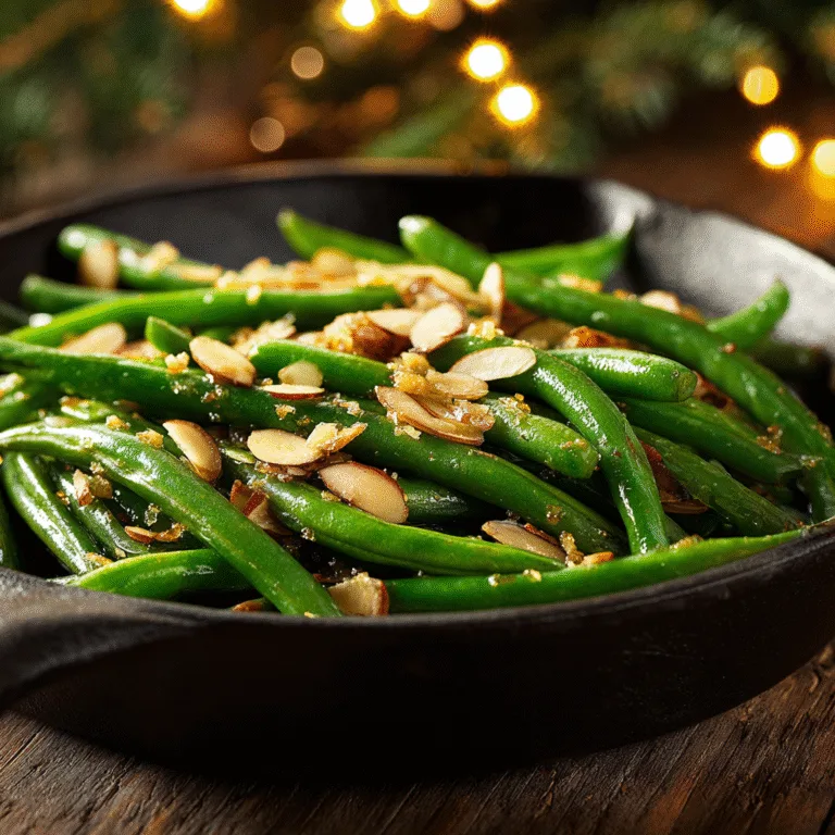 Garlic butter green beans topped with toasted almonds in a skillet, warm holiday lighting.