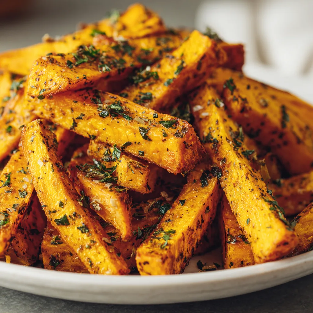 golden air fryer pumpkin fries sprinkled with herbs on a white plate F golden air fryer pumpkin fries sprinkled with herbs on a white plate