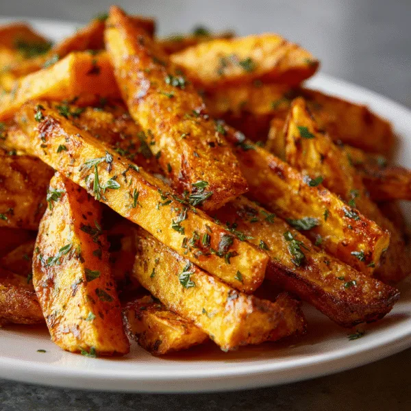 golden air fryer pumpkin fries sprinkled with herbs on a white plate