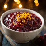 Cranberry orange sauce in a ceramic bowl garnished with orange zest, warm holiday lighting.