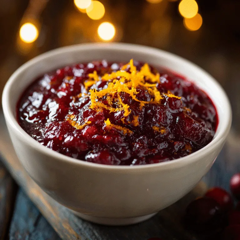 Cranberry orange sauce in a ceramic bowl garnished with orange zest, warm holiday lighting.